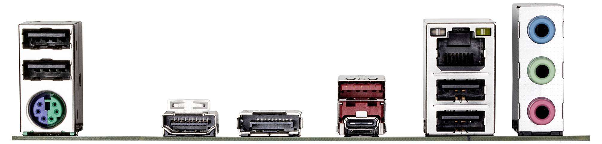 Eine Computermotherboard-Rückseite mit verschiedenen Anschlüssen, darunter USB, HDMI, Ethernet, Audioausgänge und ein PS/2-Anschluss.