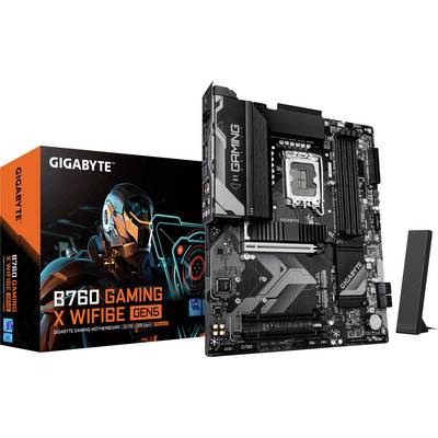 GIGABYTE B760 GAMING X WiFi 6E DDR4 Motherboard mit seiner Einzelhandelsverpackung, die Technologie- und Konnektivitätsmerkmale präsentiert.