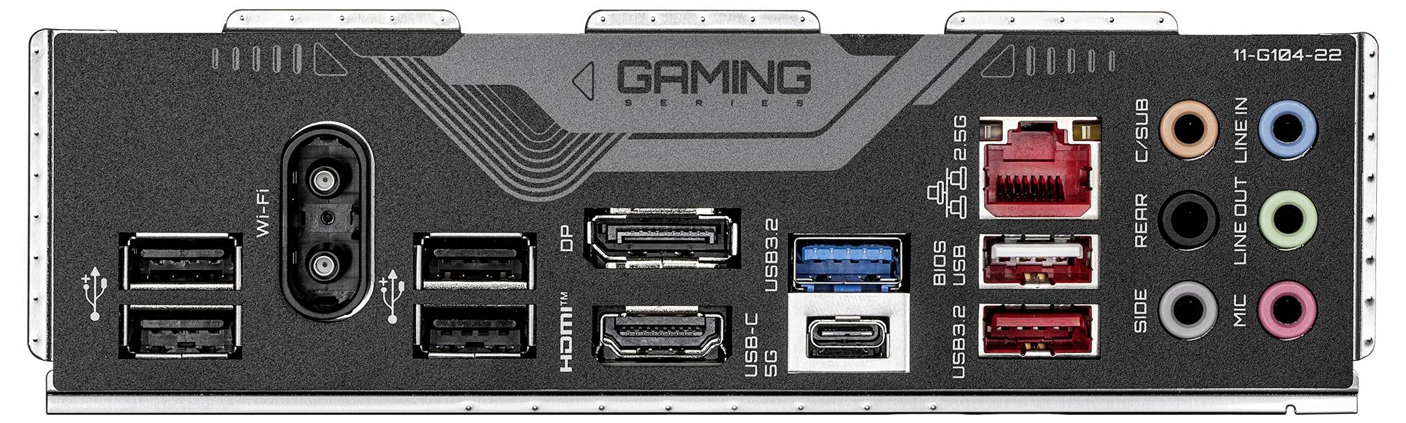 Rückseite eines Gaming-Motherboards mit mehreren USB-Anschlüssen, Ethernet-Ports, HDMI, DisplayPort und Audio-Buchsen für Konnektivität.