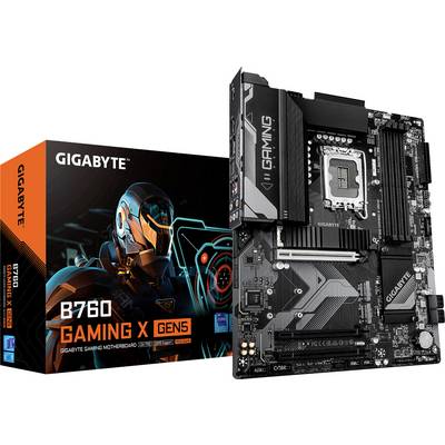 'GIGABYTE B760 Gaming X Gen5 Mainboard mit Verpackung. Bietet futuristische Designelemente und unterstützt High-Performance-Gaming.'