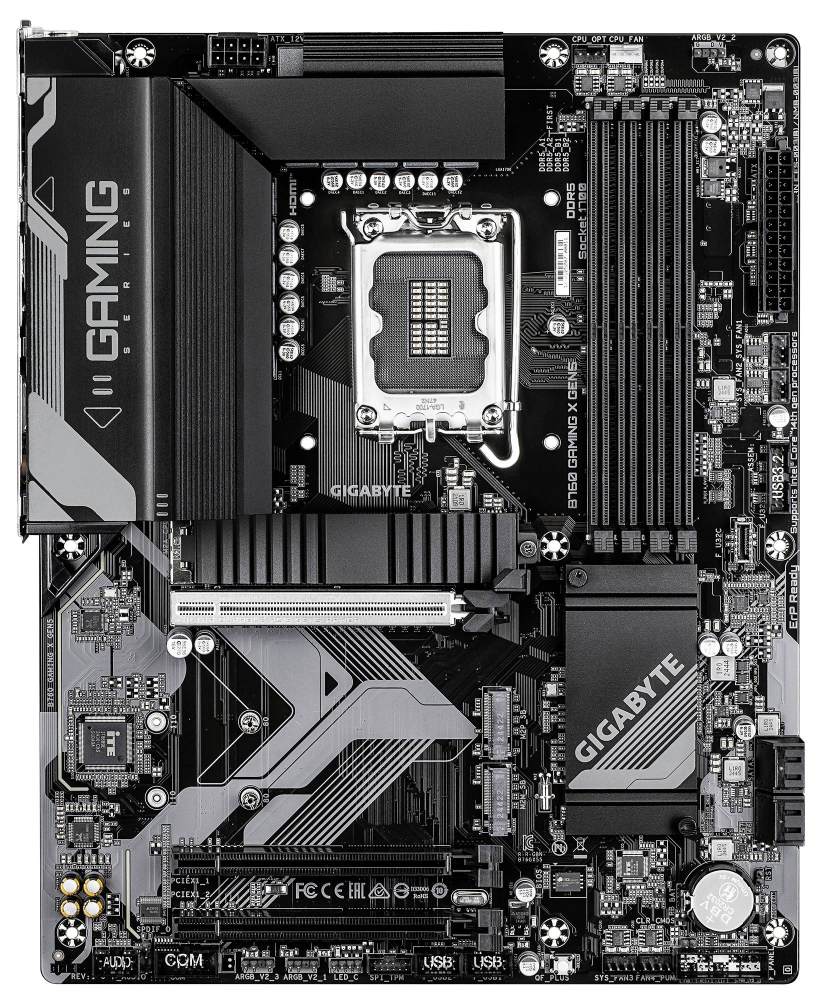 'GIGABYTE B660M GAMING X AX DDR4' Mainboard mit beschrifteten Komponenten, einschließlich CPU-Sockel, RAM-Steckplätzen und PCIe-Steckplätzen, von oben gezeigt.