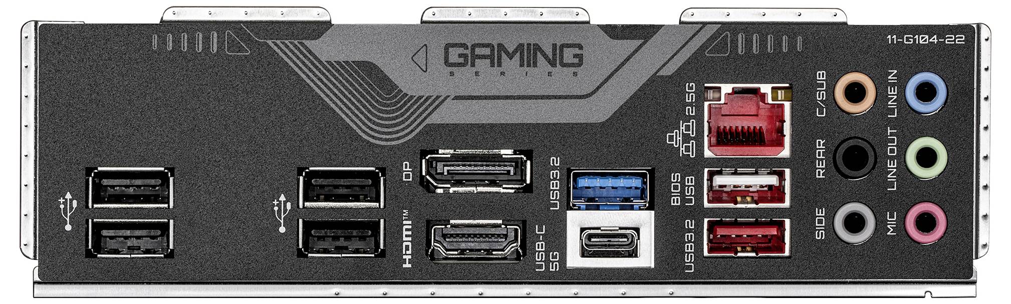 Rückseite eines Gaming-Mainboards mit mehreren USB-Anschlüssen, Ethernet, HDMI, DisplayPort, USB-C, Audioausgängen und optischem Audioausgang.