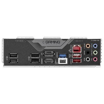 Rückseite eines Gaming-Mainboards mit mehreren USB-Anschlüssen, Ethernet, HDMI, DisplayPort, USB-C, Audioausgängen und optischem Audioausgang.