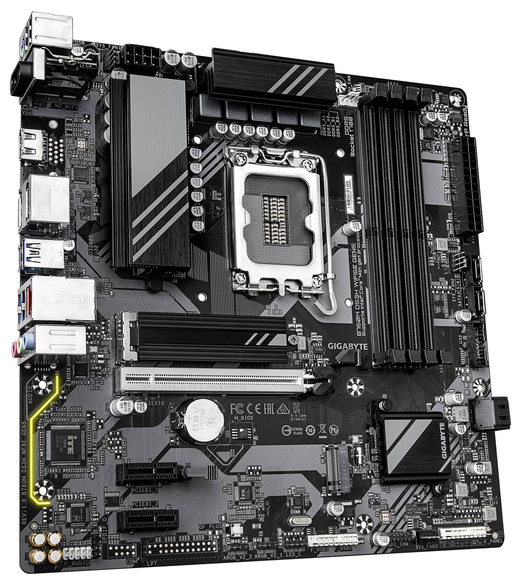 Eine Computermotherboard mit mehreren Steckplätzen und Anschlüssen, entwickelt für die Integration eines CPUs, RAMs und verschiedener Peripheriegeräte.