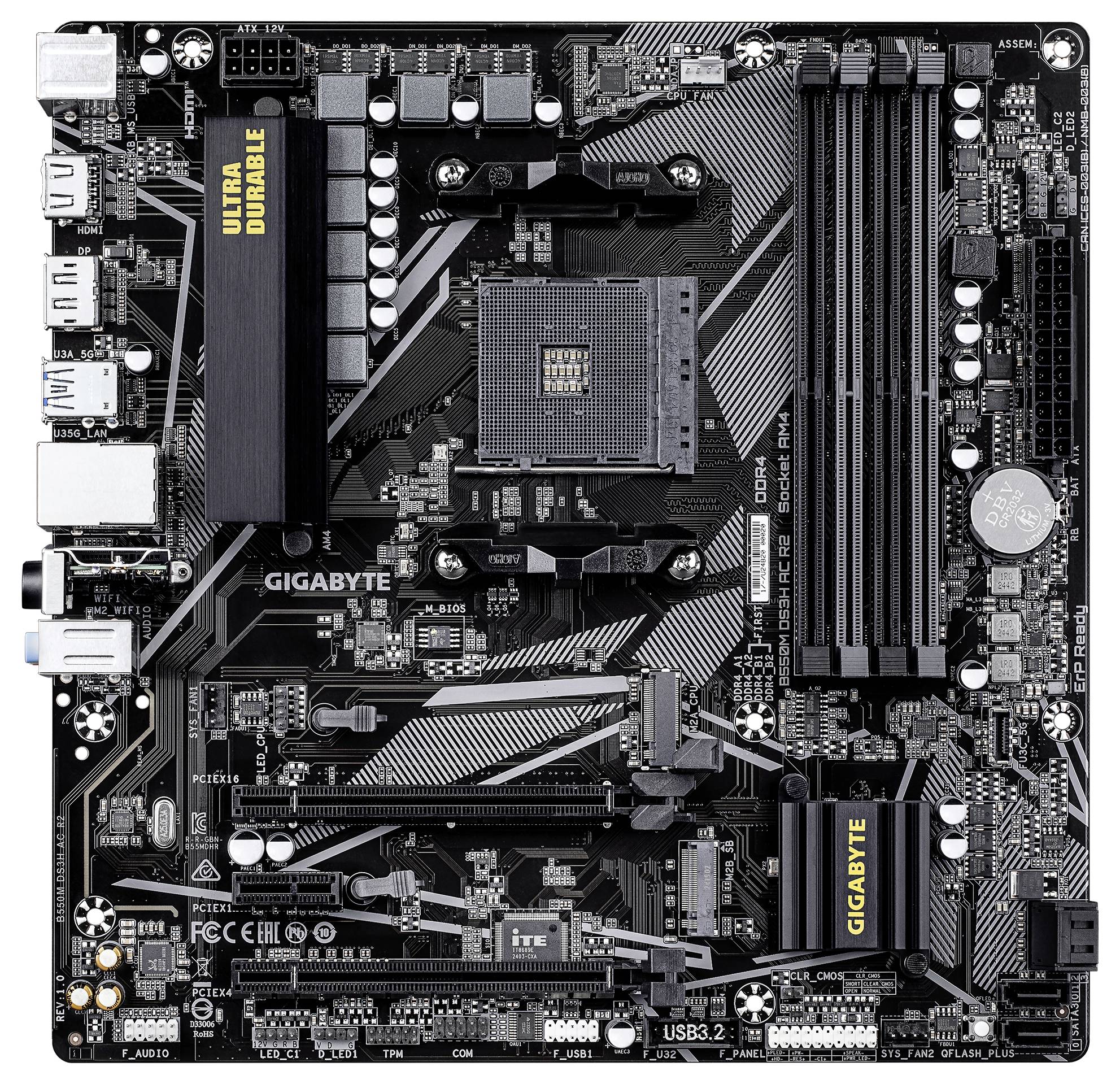 Gigabyte Ultra Durable Motherboard mit mehreren Steckplätzen und Anschlüssen für CPU, RAM und Peripheriegeräte.