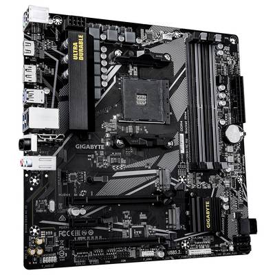 Eine schwarze Gigabyte-Motherboard mit 'Ultra Durable' Branding, mehreren Steckplätzen für RAM, PCIe-Anschlüssen und verschiedenen Anschlüssen für Konnektivität.