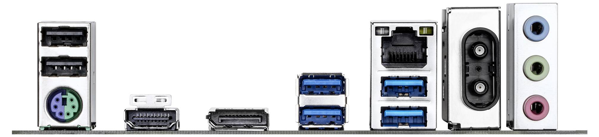 Eine Reihe verschiedener Computer-Anschlüsse und Verbinder, einschließlich USB, HDMI, Ethernet und Audiobuchsen, auf einem weißen Hintergrund.