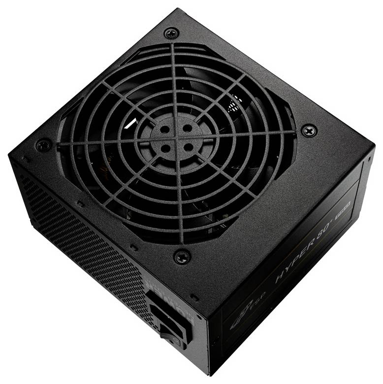 Eine schwarze Computernetzteile mit einem Lüfter auf der Oberseite und sichtbarem Markenetikett an der Seite.