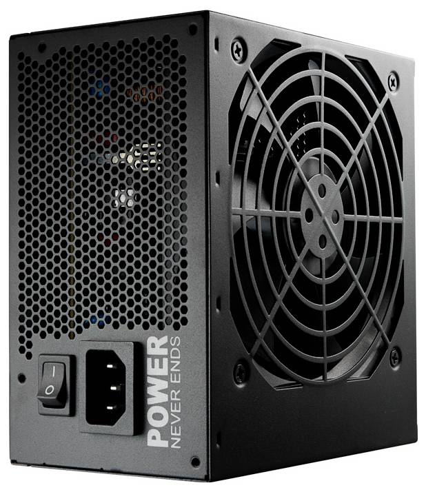 Eine schwarze Computernetzteils mit einem Lüfter und Netzschalter, auf dessen Seite der Text 'Power Never Ends' steht.