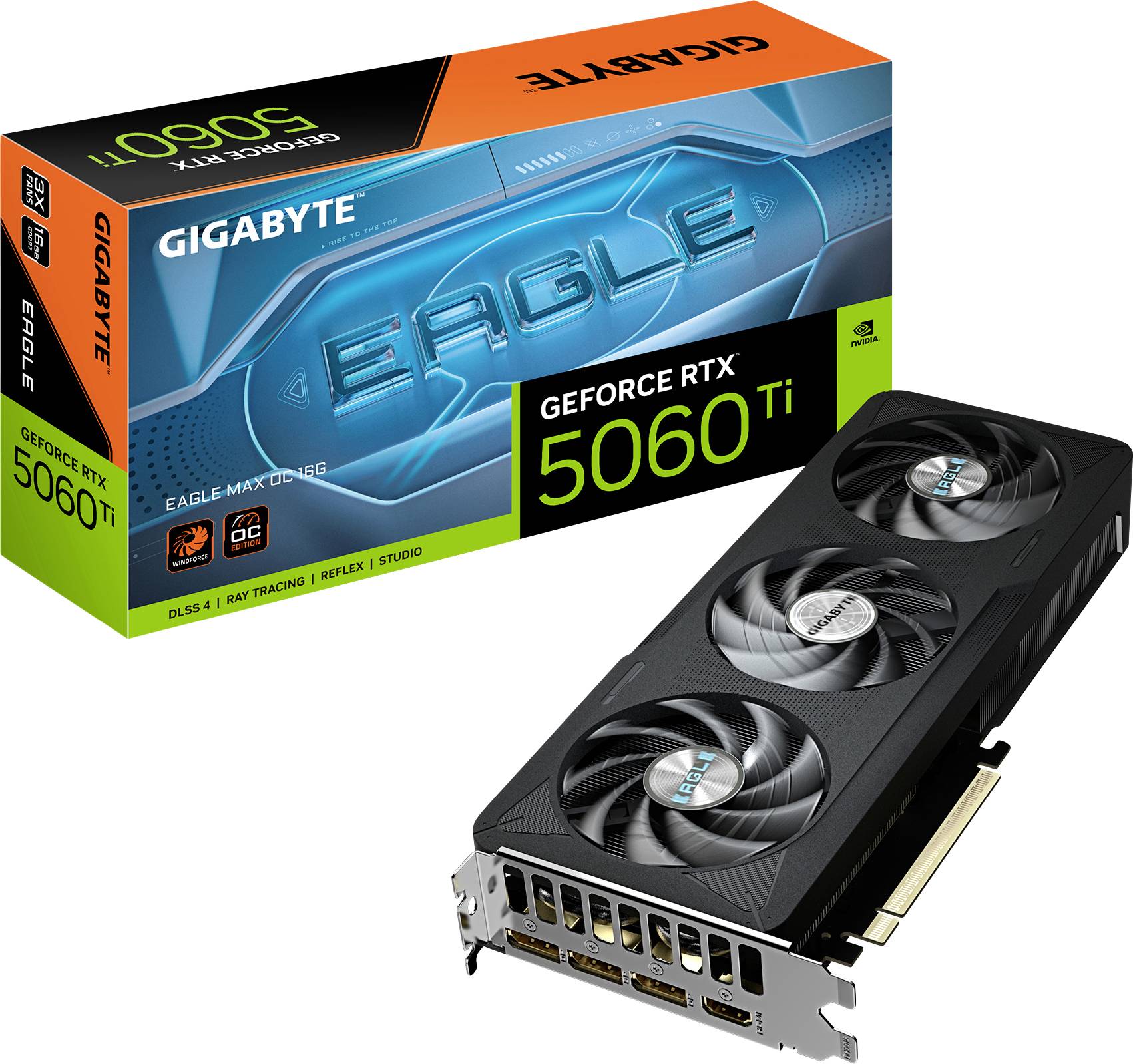 'Gigabyte Eagle GeForce RTX 5060 Ti' Grafikkarte und Verpackung. Funktionen umfassen DLSS 4, Raytracing, Reflex Studio.