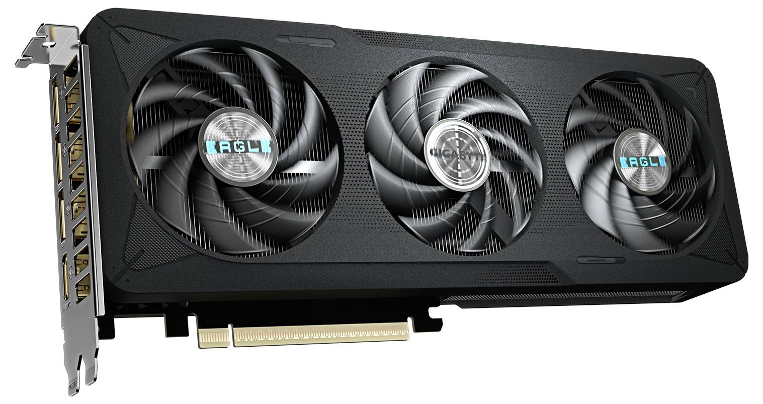 Eine schwarze Grafikkarte mit drei Kühlventilatoren und einem PCIe-Anschluss, mit mehreren Videoausgängen auf der linken Seite.