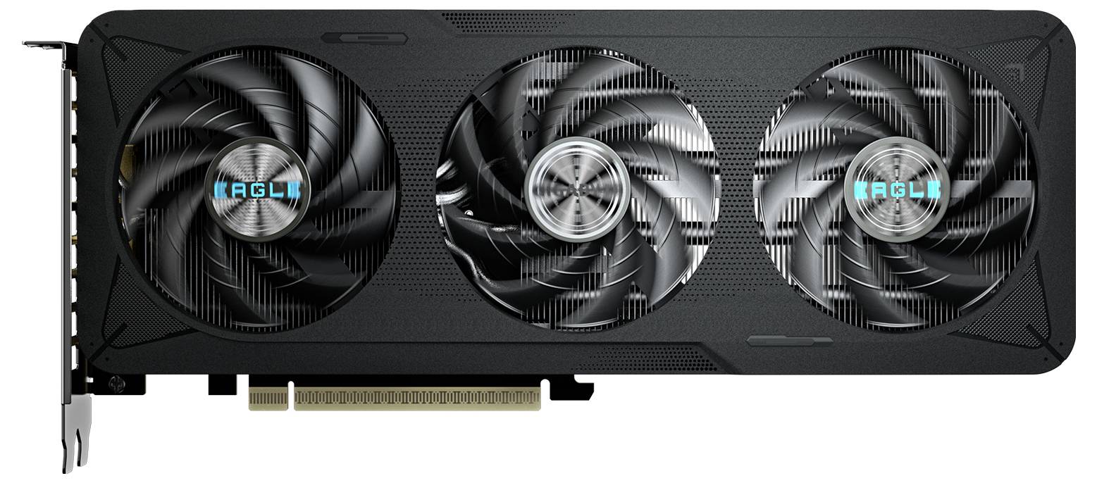 Eine Grafikkarte mit drei großen Lüftern, die mit "Eagle" beschriftet sind. Sie verfügt über einen PCIe-Anschluss zur Installation in einem Computer.