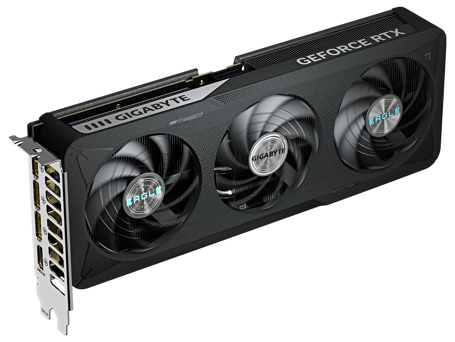 Eine Grafikkarte mit drei Kühlventilatoren, mit der Markenbezeichnung "Gigabyte GeForce RTX". Mehrere Anzeigeausgabeports sind an der Seite sichtbar.
