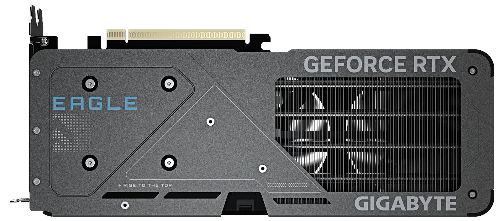 Eine Gigabyte GeForce RTX Grafikkarte mit der Bezeichnung "Eagle", die Kühlventilatoren und Anschlüsse für den PC-Einbau zeigt.
