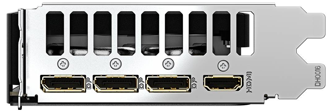 Rückansicht einer Grafikkarte mit einem HDMI- und drei DisplayPort-Anschlüssen, die die Lüftungsschlitze und die Metallhalterung zeigt.