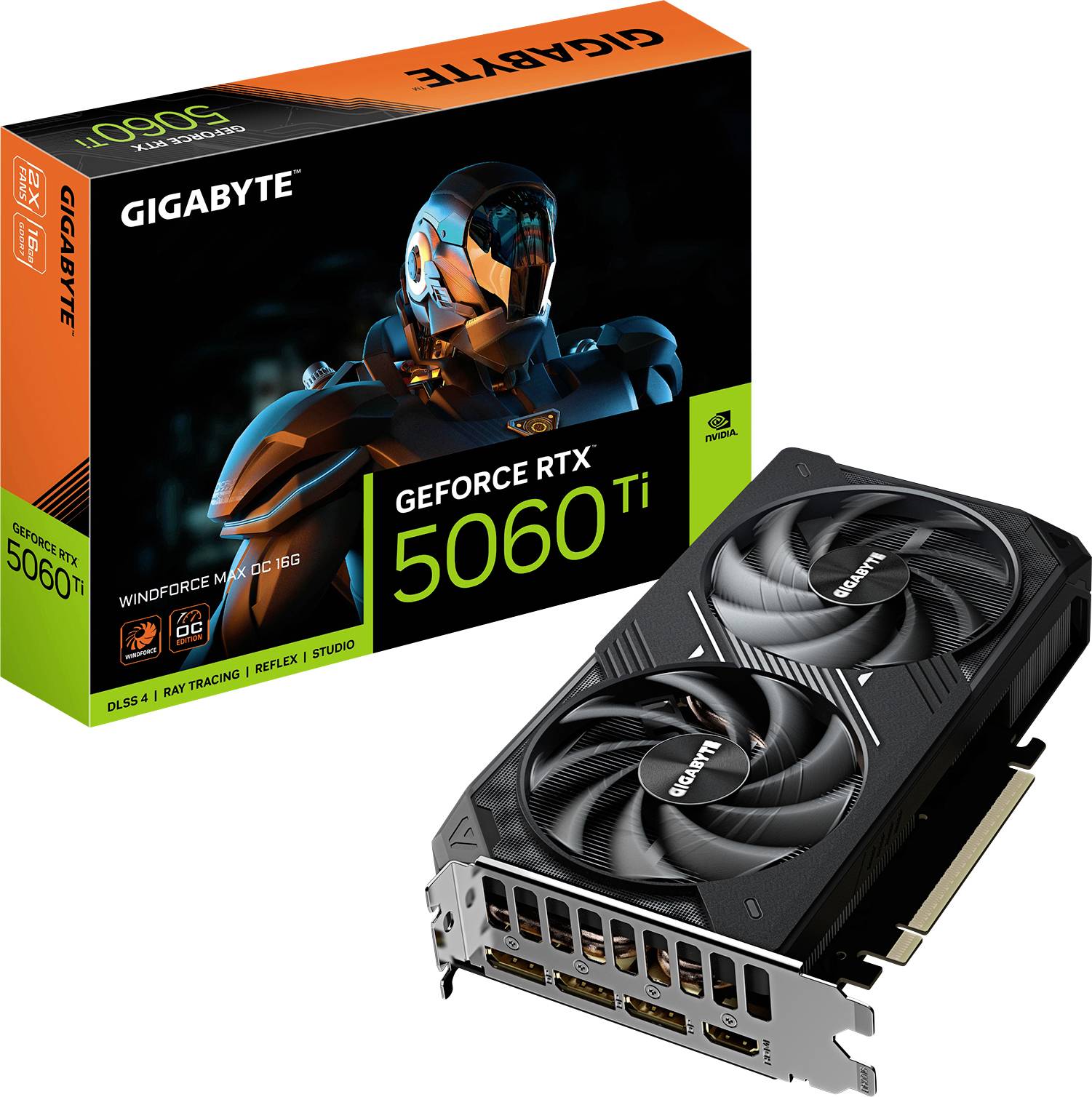 Gigabyte GeForce RTX 5060 Ti Grafikkarte mit Verpackung gezeigt. Verfügt über ein Dual-Lüfter-Design. Verpackung hebt DLSS 4, Ray Tracing und KI-Unterstützung hervor.