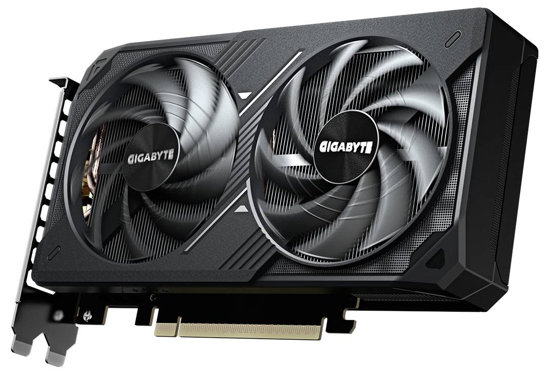Eine schwarze Grafikkarte mit zwei großen Lüftern, die mit "GIGABYTE" beschriftet sind, die zur Verbesserung der Grafikleistung eines Computers verwendet wird.