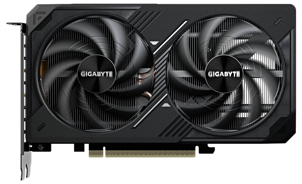 Eine Grafikkarte von Gigabyte mit Doppellüftern, entwickelt für Computerhardware-Anwendungen, die ihr Kühlsystem und den PCIe-Anschluss präsentiert.
