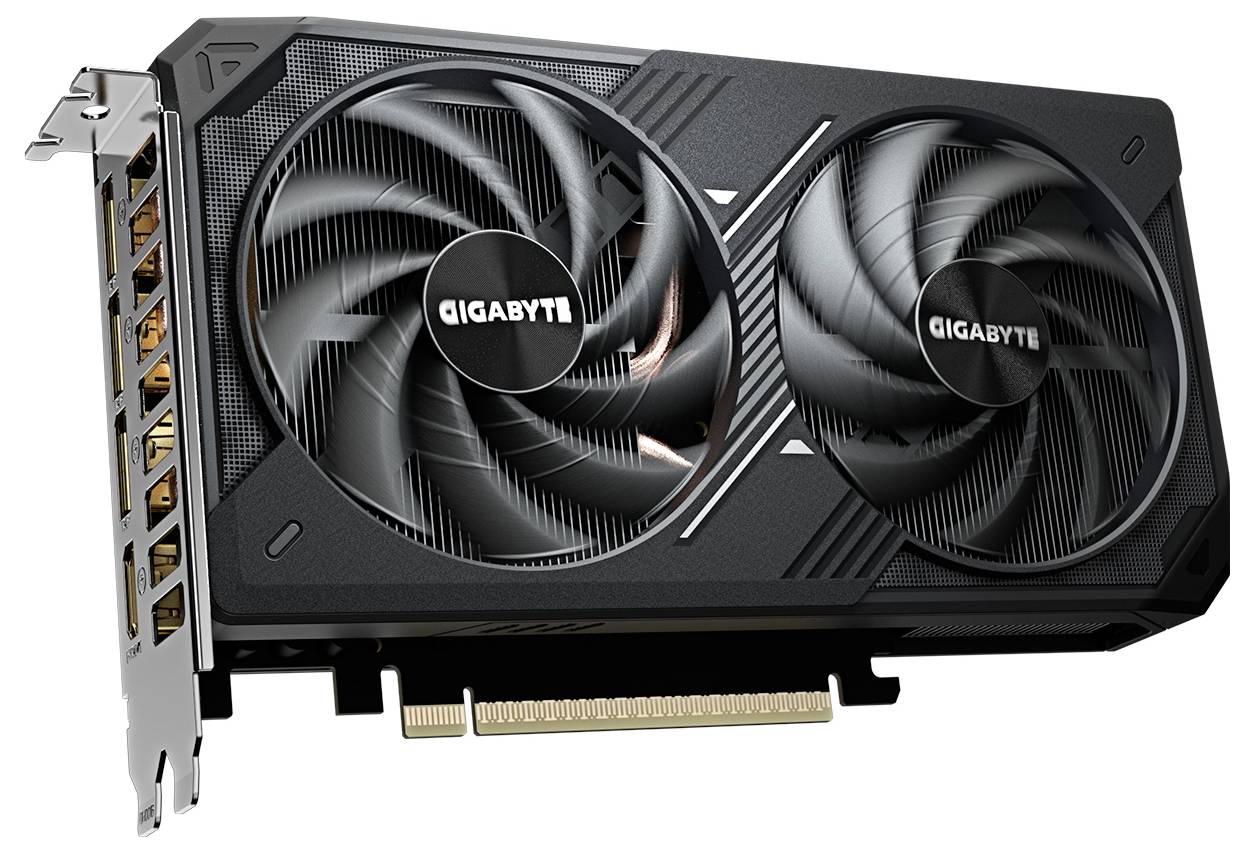 Eine schwarze Grafikkarte mit Doppellüftern und 'GIGABYTE' Branding wird gezeigt. Sie verfügt über mehrere Displayports und einen PCIe-Anschluss.