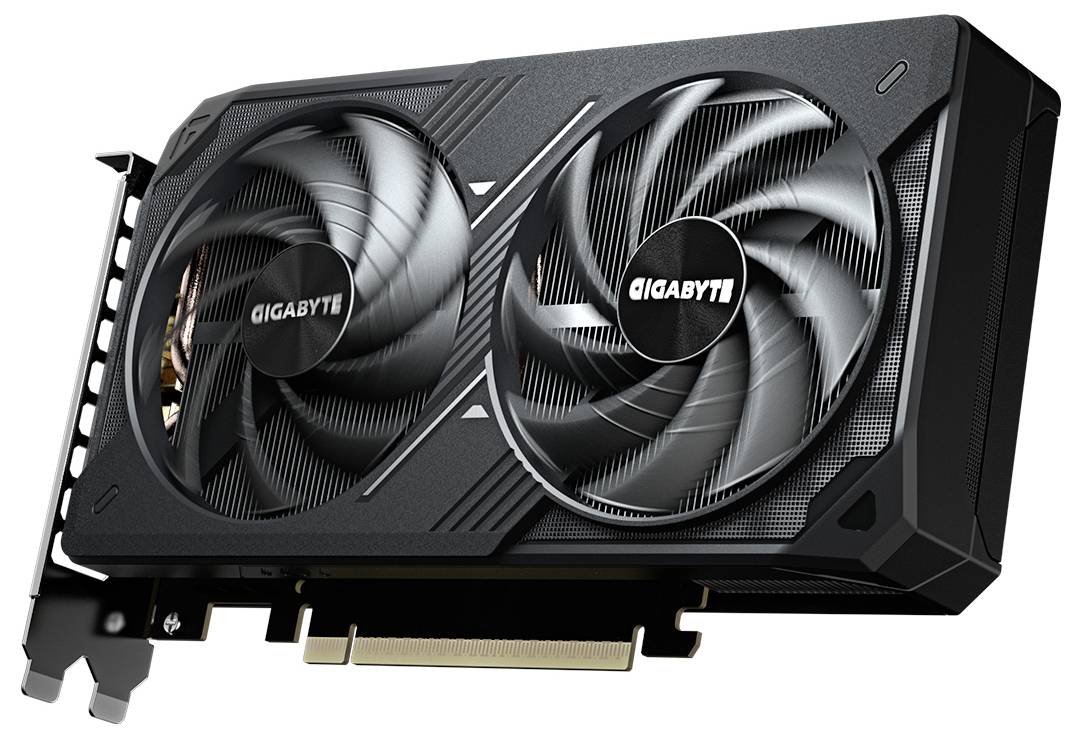 Eine schwarze Gigabyte-Grafikkarte mit Doppellüftern und PCIe-Anschluss, schräg positioniert, um beide Lüfter und das Kühldesign zu zeigen.