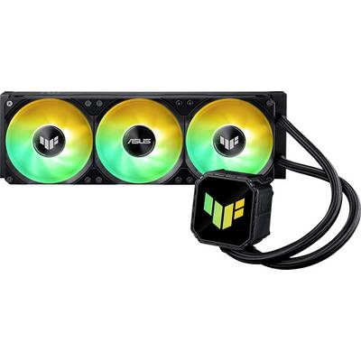 Ein Flüssigkeitskühler für CPUs mit drei Lüftern, RGB-Beleuchtung und einer schwarzen Pumpe mit Logo, entwickelt für eine effiziente Wärmeregulierung von Computern.