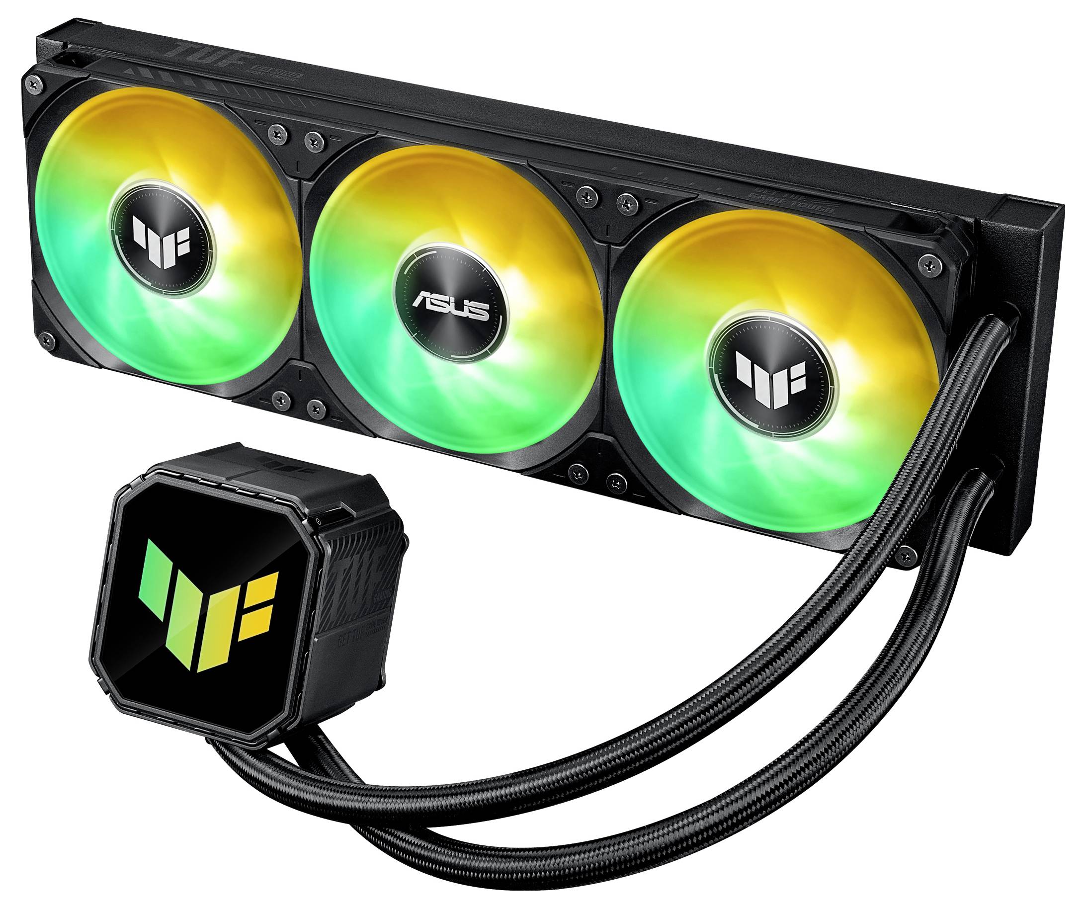 Ein Computer-Flüssigkühlsystem mit drei kreisförmigen Lüftern, die grüne und gelbe LED-Beleuchtung aufweisen, und einer schwarzen Pumpe mit dem TUF-Logo.