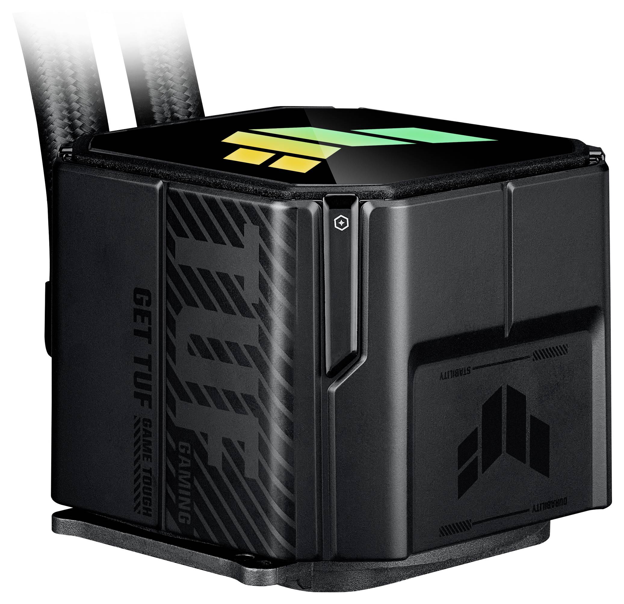 Ein schwarzer Gaming-Computerkühler mit dem Schriftzug 'GET TUF GAMING' an der Seite, mit beleuchteten Mustern auf der Oberfläche.