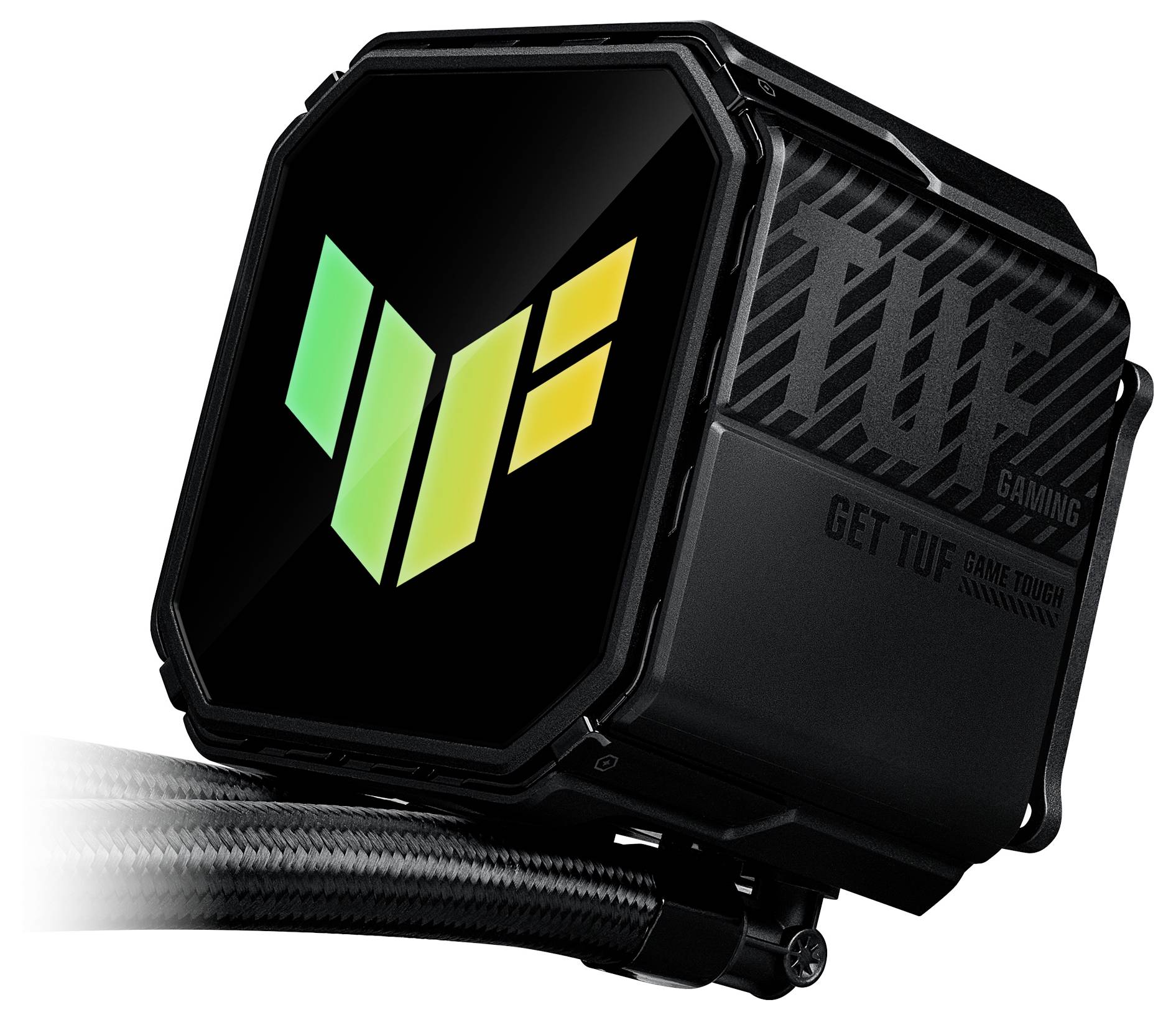 Ein schwarzes Gerät mit einem leuchtenden, mehrfarbigen Emblem, gekennzeichnet mit 'TUF Gaming'. Es scheint sich um eine High-Performance-Computerkomponente zu handeln.