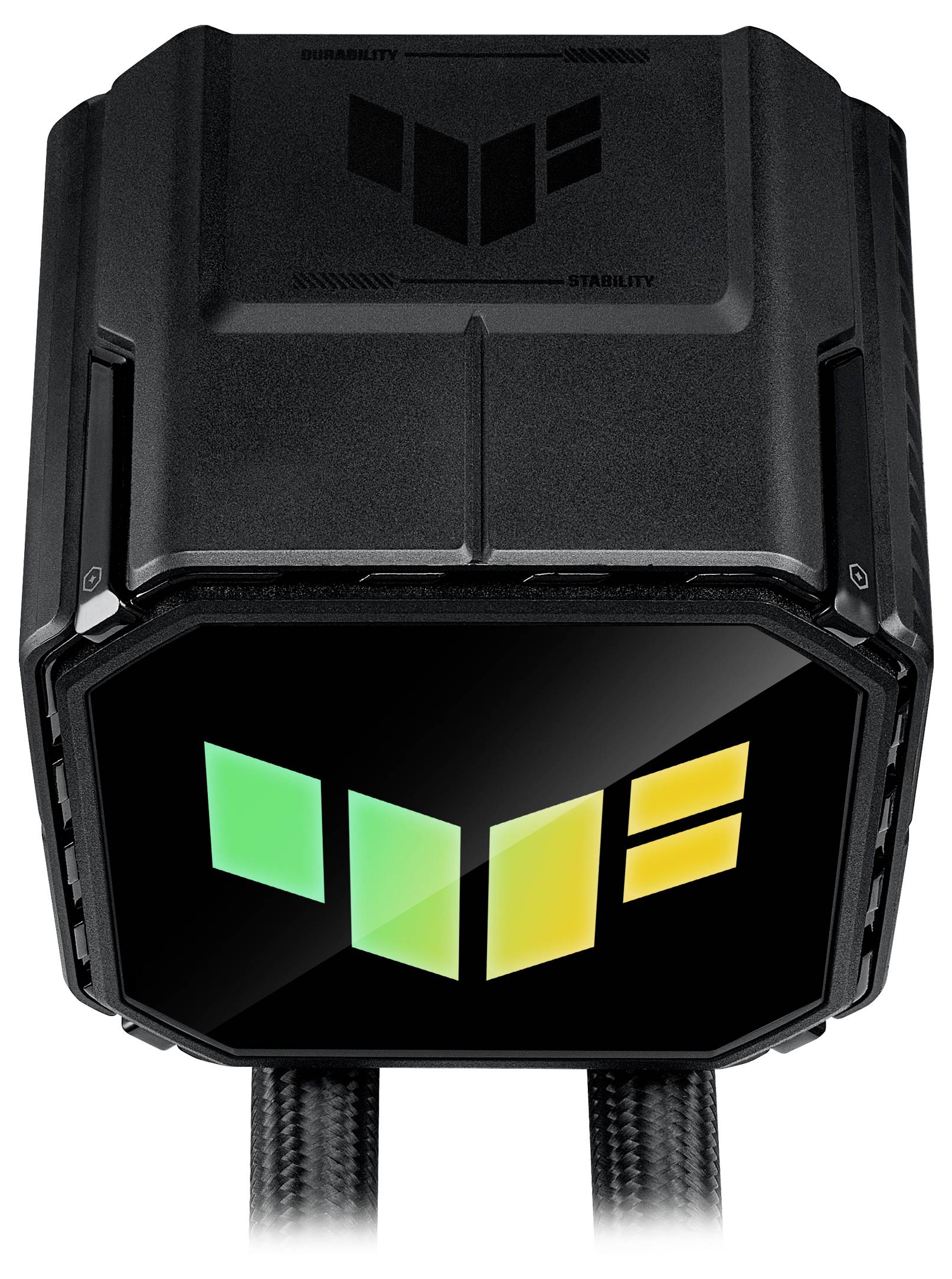 Eine schwarze Computerkomponente mit einem Logo, das geometrische grüne und gelbe Formen auf der Vorderseite zeigt. Es sind zwei Kabel zu sehen, die von der Unterseite herausragen.