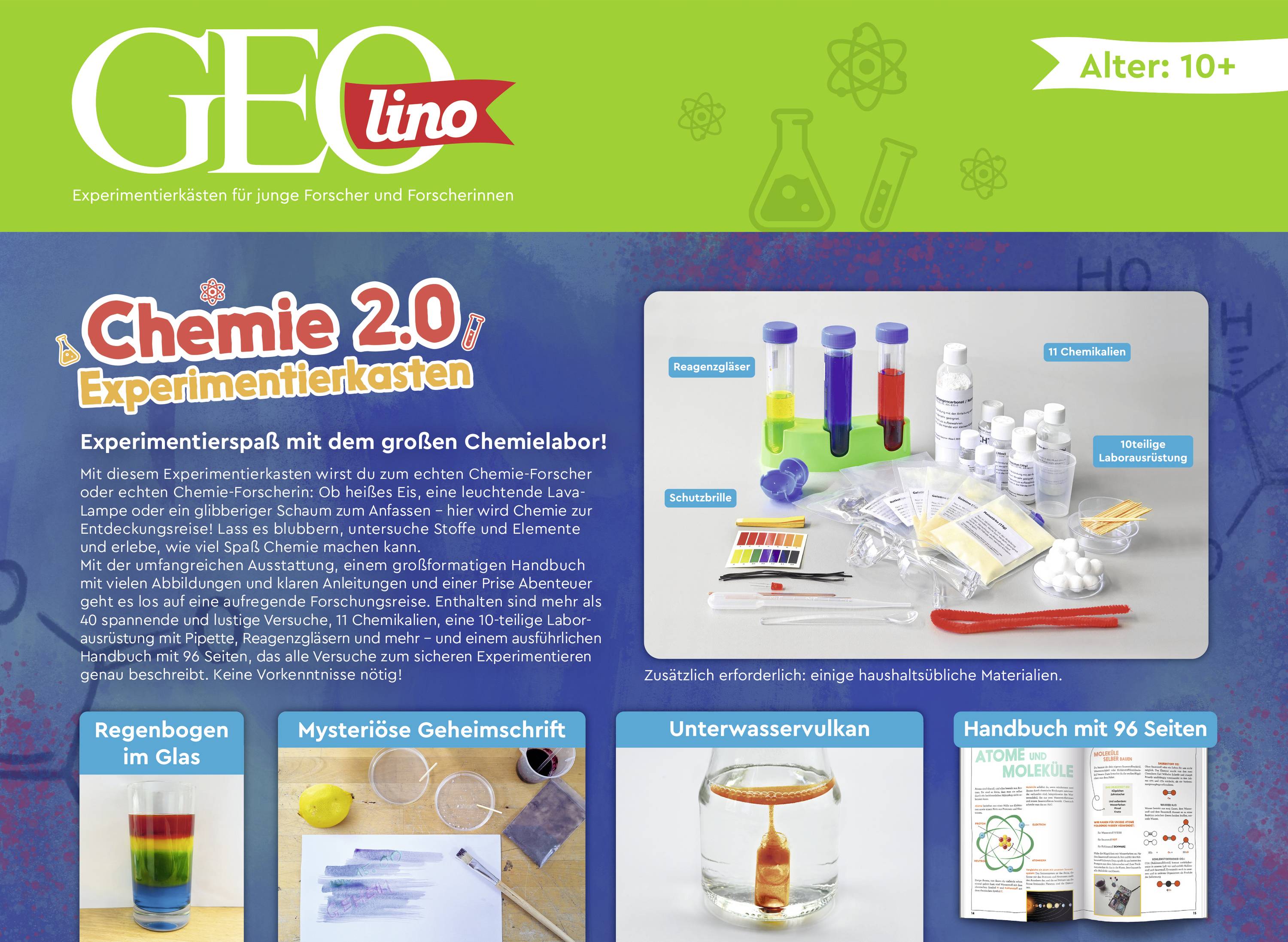 GEOlino Chemie 2.0 Experimentierkasten für Kinder ab 10 Jahren, mit Laborwerkzeugen, Reagenzgläsern und Experimentbildern wie Regenbögen und geheimen Botschaften.