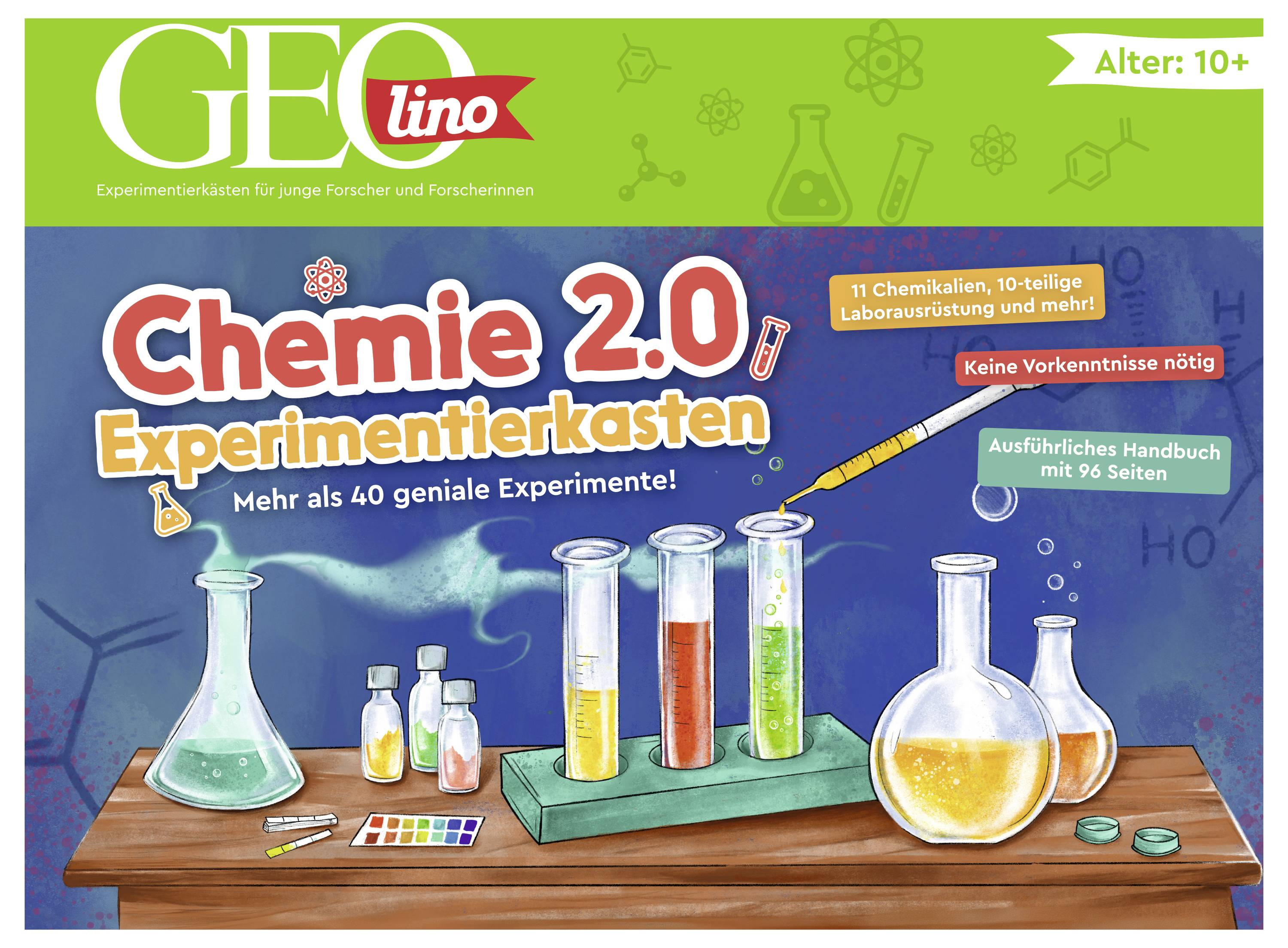 "Chemie 2.0 Experimentierkasten" zeigt bunte Laborausrüstung für über 40 Experimente, konzipiert für Kinder ab 10 Jahren, ohne Vorkenntnisse erforderlich.