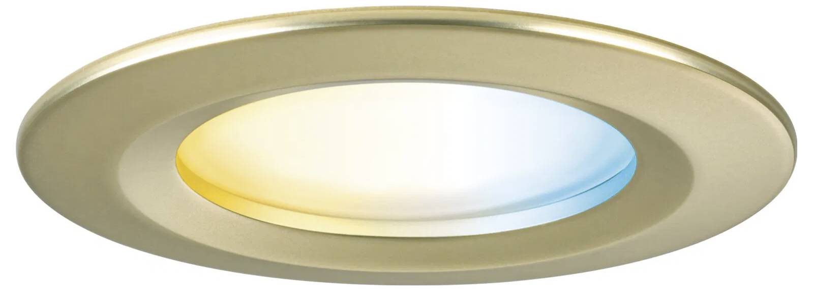 Eine kreisförmige LED-Deckenleuchte mit goldenem Rahmen strahlt weiches blaues und gelbes Licht aus und deutet auf einstellbare Farbtemperatureinstellungen hin.