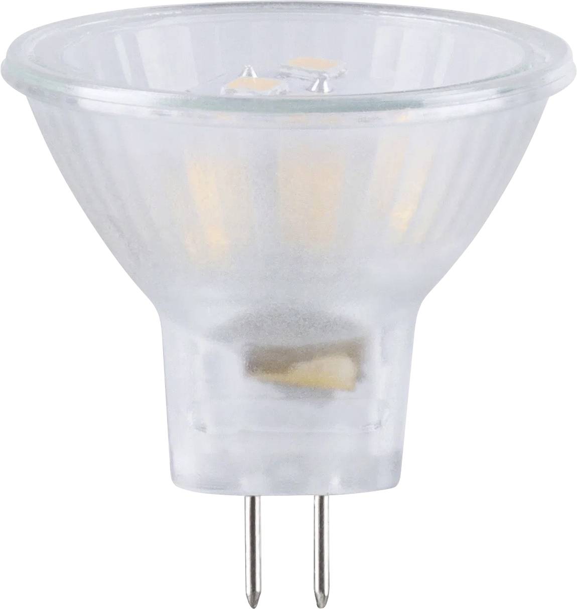 Ein Nahaufnahmebild einer durchsichtigen LED-Glühbirne mit zwei Metallstiften zur Befestigung, die ihr transparentes Design hervorhebt.