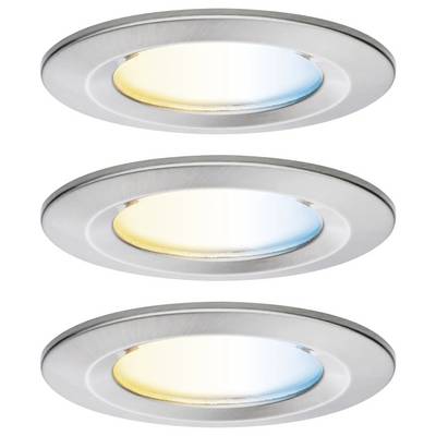 Drei kreisförmige LED-Deckenleuchten mit Metallrändern, die verschiedene Farbtemperaturen veranschaulichen: warmweiß, kühlweiß und neutralweiß.