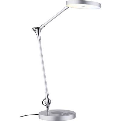 Eine moderne, verstellbare silberne Schreibtischlampe mit einem runden LED-Kopf und einer Touch-Steuerungsbasis, entwickelt für fokussierte Arbeitsbeleuchtung.