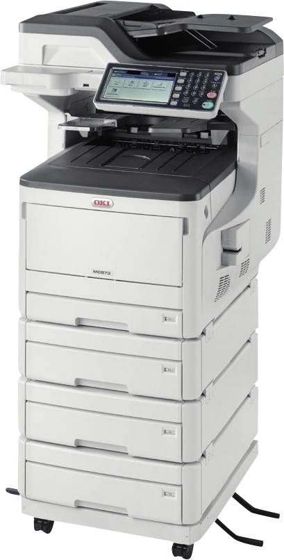 Ein weißer Multifunktionsdrucker mit mehreren Papierfächern, Bedienfeld und digitalem Displaybildschirm, geeignet für Büroumgebungen.