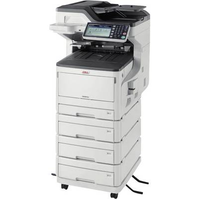 Ein weißer Multifunktionsdrucker mit mehreren Papierfächern, Bedienfeld und digitalem Displaybildschirm, geeignet für Büroumgebungen.