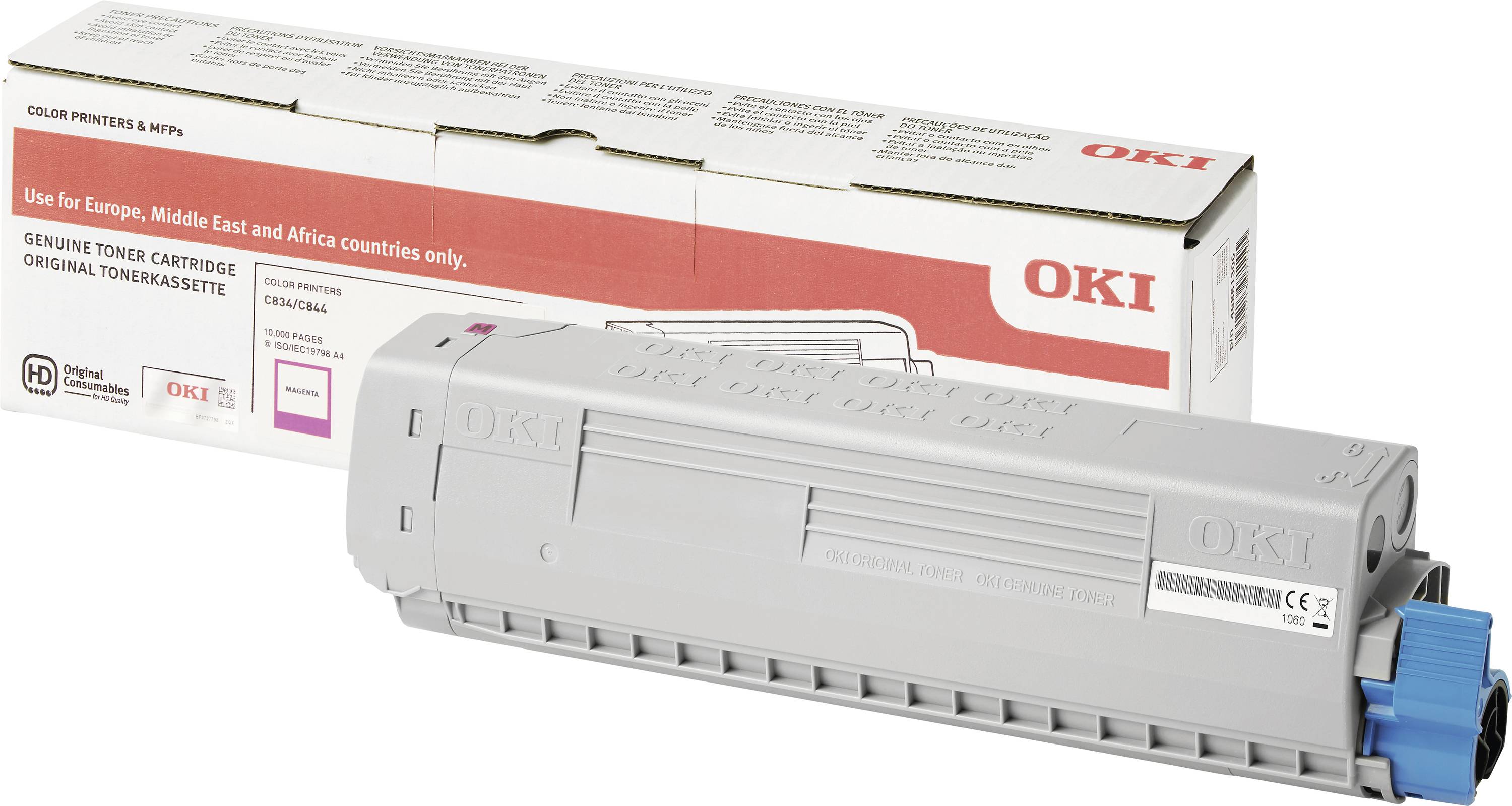 Eine graue OKI Tonerkartusche und ihre Verpackung, gekennzeichnet für den Einsatz in Europa, Nahost und Afrika. Die Verpackung zeigt den OKI-Markennamen.