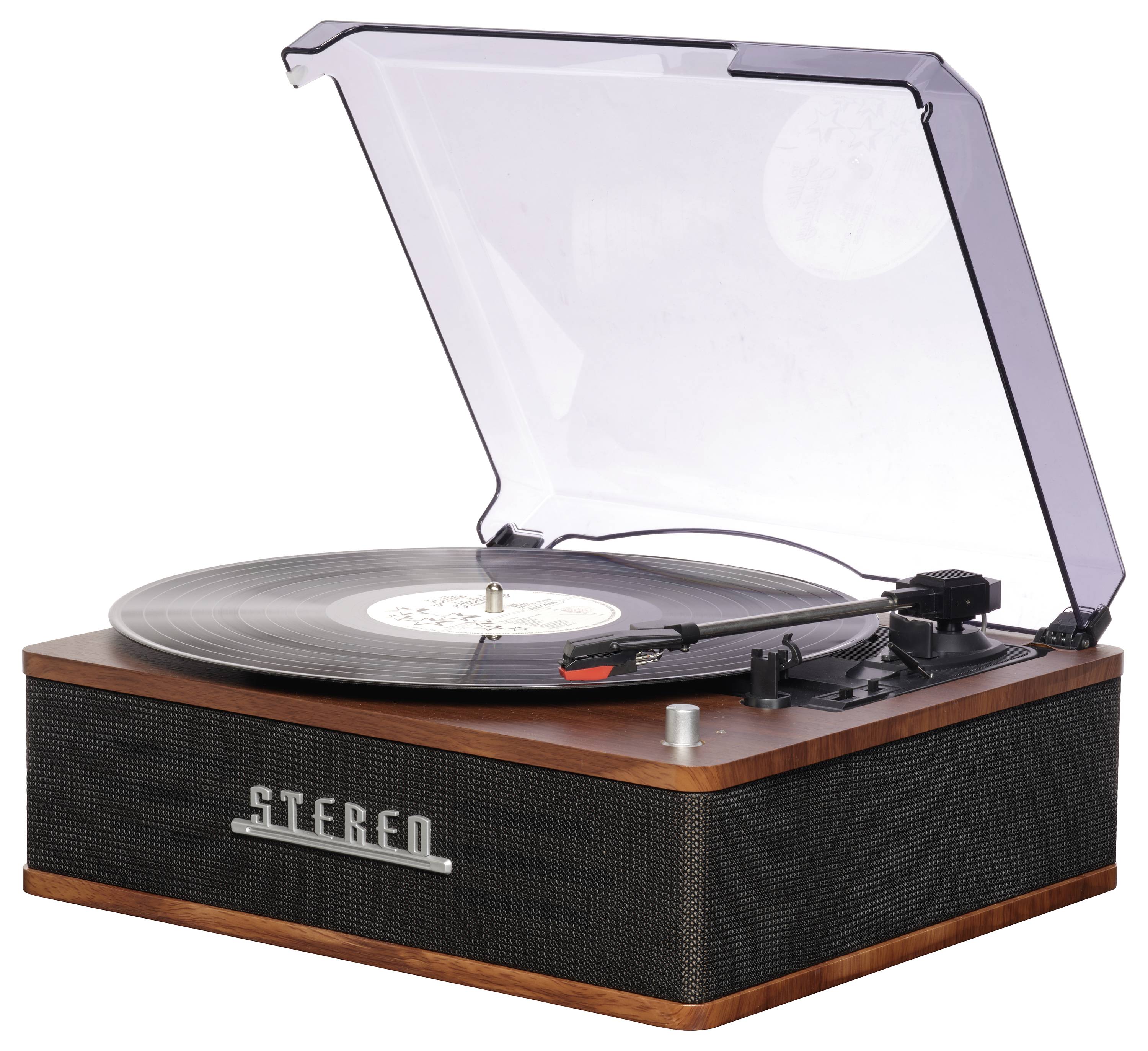 Ein Plattenspieler im Vintage-Stil mit einer Schallplatte, ausgestattet mit einer Holzplatte und einer transparenten Staubschutzhaube, mit der Aufschrift "STEREO".