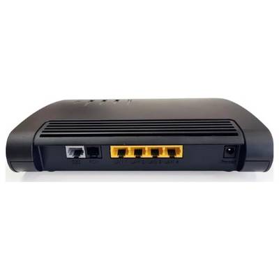 Ein schwarzer Internет-Router mit vier gelben Ethernet-Anschlüssen, einem DSL-Anschluss und einem Stromeingang an der Rückseite.
