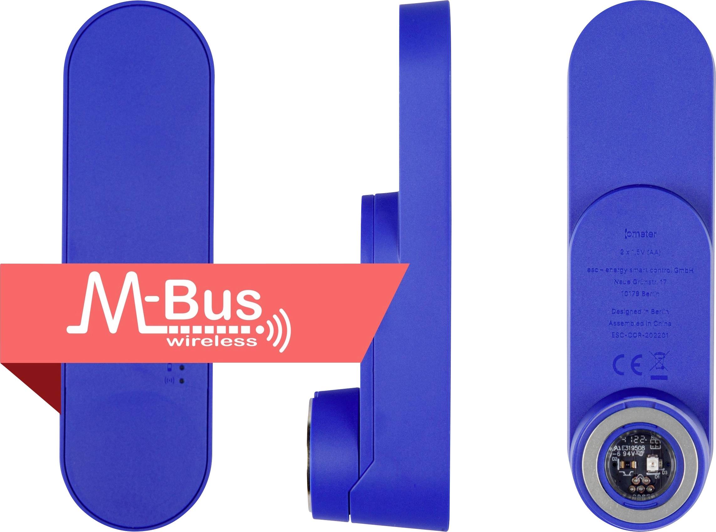 Blue M-Bus Wireless-Modul aus drei Blickwinkeln dargestellt: von vorne, von der Seite und von hinten. Die Vorderseite zeigt ein 'M-Bus wireless' Logo mit einem roten Banddesign.