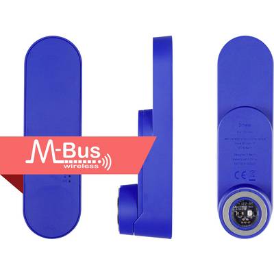Blue M-Bus Wireless-Modul aus drei Blickwinkeln dargestellt: von vorne, von der Seite und von hinten. Die Vorderseite zeigt ein 'M-Bus wireless' Logo mit einem roten Banddesign.