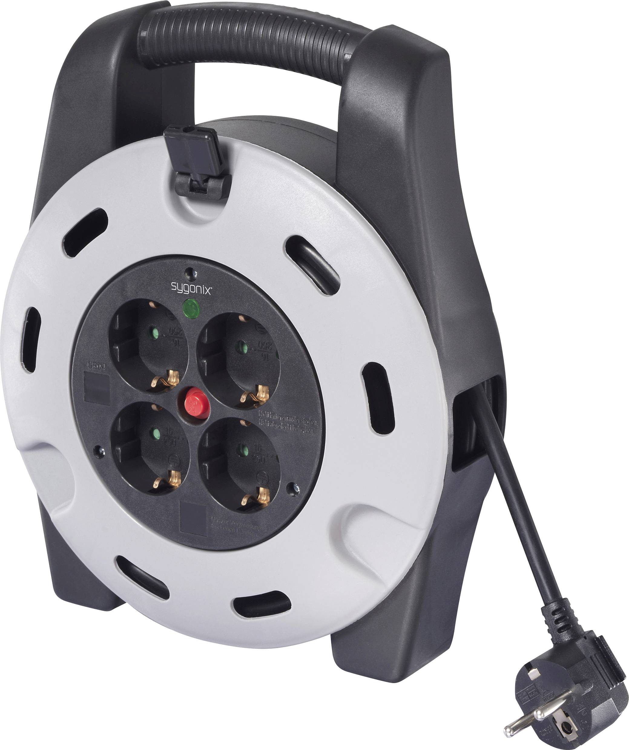 Eine weiß-schwarze Kabelrolle mit vier freigelegten Steckdosen und einem europäischen Stecker. Der Griff befindet sich oben für einfachen Transport.