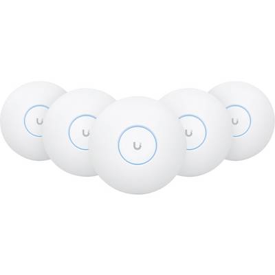Fünf weiße, runde drahtlose Zugangspunkte mit blauen Ringen, in einer Reihe angeordnet, mit einem Netzwerkgeräte-Logo in der Mitte jedes Geräts.