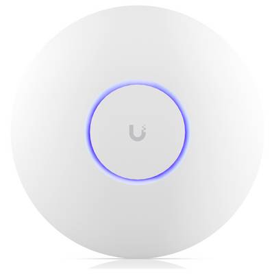 Ein runder weißer WLAN-Zugangspunkt mit einem leuchtenden blauen Lichtring in der Mitte.