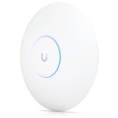 Ein weißer, kreisförmiger WLAN-Zugangspunkt mit einem leuchtenden blauen Ring und einem 'U' Logo in der Mitte, der für drahtlose Netzwerkverbindungen verwendet wird.