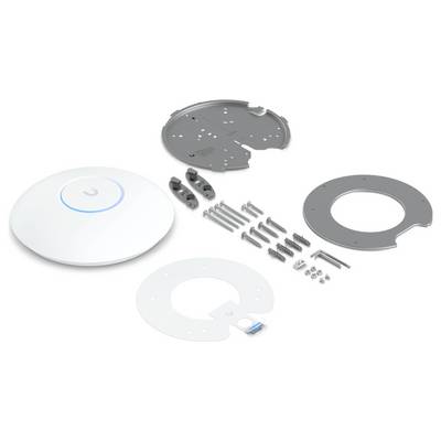 Drahtloser Zugangspunkt und Befestigungszubehör, einschließlich Schrauben, Metallplatten und Halterungen, für die Installationsvorbereitung ausgelegt.