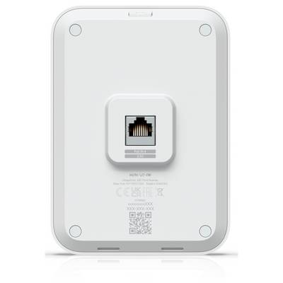 Das Bild zeigt die Rückansicht eines weißen elektronischen Geräts mit einem Ethernet-Anschluss und einem QR-Code. Die Modellnummer lautet „U7-IW".