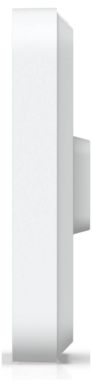 Seitenansicht eines wandmontierten drahtlosen Geräts mit schlankem, rechteckigem Design und einem hervorstehenden Element.