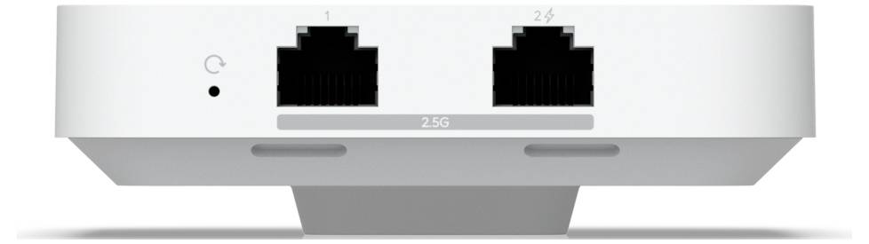 Ein weißes Netzwerkgerät mit zwei Ethernet-Anschlüssen, die mit '1' und '2,5G' beschriftet sind, und einem kleinen runden Knopf auf der linken Seite.